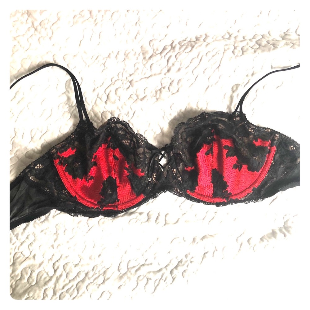 Red + black lace Victoria’s Secret bra